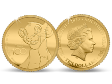 Die Vorder- und Rückseite der offiziellen König der Löwen™ Mini-Goldmünze mit Simba
