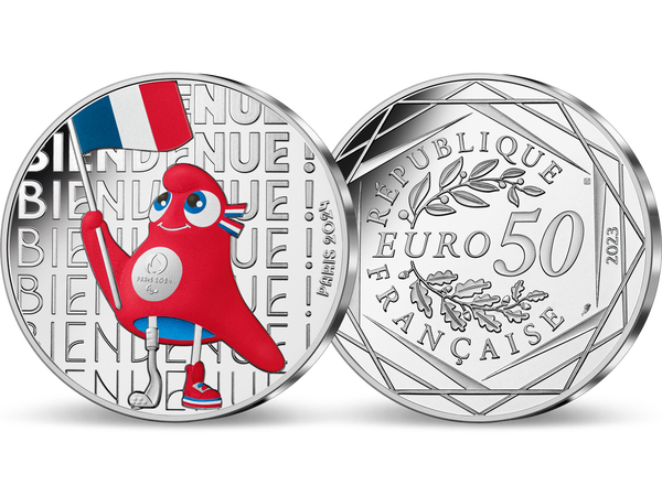 Die offizielle 50-Euro-Silber-Gedenkmünze „Willkommen in Paris“ aus Frankreich zu den Olympischen und Paralympischen Spielen Paris 2024 – aufwendig farbveredelt.