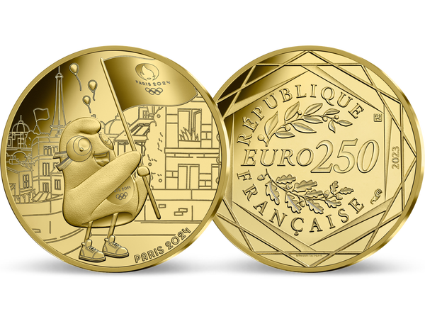 Die offizielle 250-Euro-Feingold-Gedenkmünze „Olympische Flagge“ aus Frankreich zu den Olympischen Spielen Paris 2024.