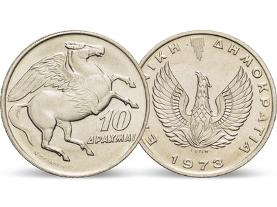 Pegasus auf einer echten 10 Drachmen Münze aus Griechenland