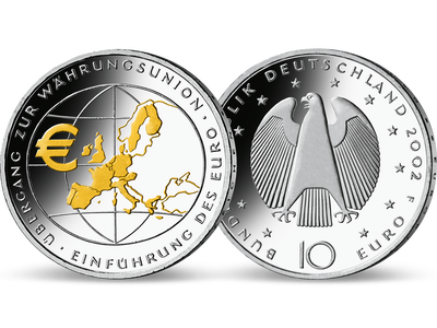 Die 10-Euro-Ausgabe „Einführung des Euro“ von 2002 – teilvergoldet!