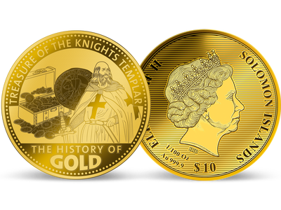 Collection : Les Monnaies 1/100 d'once or « L'Histoire de l'Or » ! Première livraison « Le trésor des templiers » grand diamètre: 45 mm !