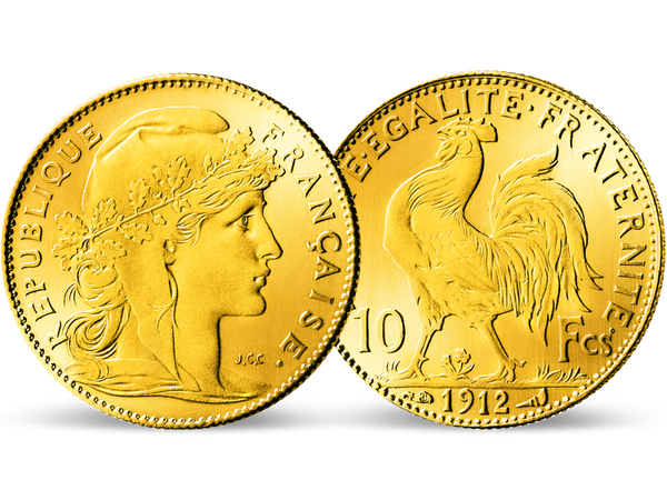 Die 10-Francs-Goldmünze mit der französischen Nationalfigur Marianne.