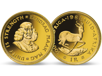 Die erste 1-Rand-Goldmünze Südafrikas in höchster Prägequalität