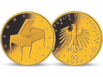 Die zweite deutsche 50-Euro-Goldmünze Hammerflügel 2019 aus der Serie Musikinstrumente