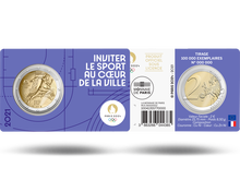 Die hellblaue Münzkarte mit der ersten offiziellen  2-Euro-Gedenkmünze aus Frankreich 
