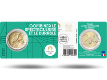 Die grüne Münzkarte mit der ersten offiziellen  2-Euro-Gedenkmünze aus Frankreich 