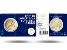 Die dunkelblaue Münzkarte mit der ersten offiziellen  2-Euro-Gedenkmünze aus Frankreich 
