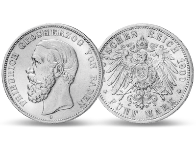 Die 5-Mark-Silbermünze "Friedrich I." aus massivem Silber (900/1000)!