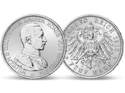 Der Kaiser in Uniform − Wilhelm II.  5 Mark Silber 1913-1914