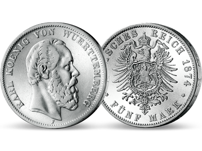Deutsches Reich / Württemberg 5 Mark 1874-1888 König Karl