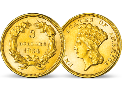 Die einzige 3-Dollar-Goldmünze − USA 3 Dollar 1854-1889 Pocahontas