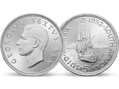 Jan van Riebeeck gründet Kapstadt − Südafrika Georg VI. 5 Shillings 1952