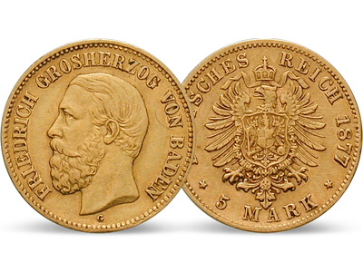 Badens einziges 5-Mark-Stück in Gold − Friedrich I. 5 Mark 1877