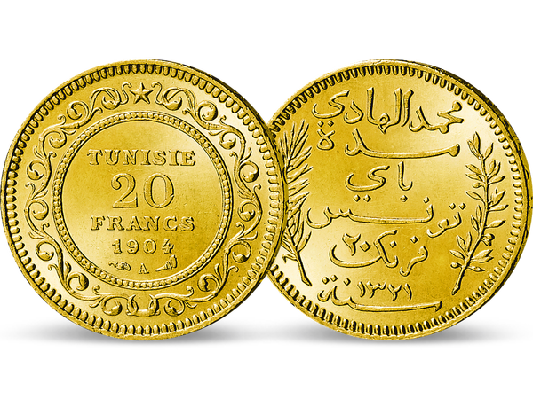 Die 20-Francs-Goldmünze stammt aus Tunesien.