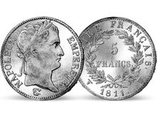 Die 5 Francs Original-Silbermünze von Kaiser Napoleon I.