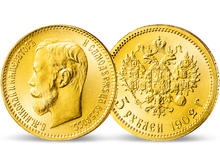 Die 5-Rubel-Goldmünze des russischen Zaren Nikolaus II.