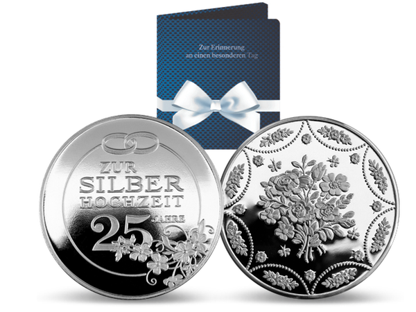 Eine glänzende Geschenkidee zum 25. Ehejubiläum: die neue Gedenkprägung „Silberhochzeit“ mit doppelseitiger Silberveredelung!