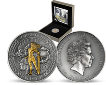 Seltenes Sammlerstück: die neue offizielle 2-Unzen-Silbermünze „Nordische Götter – Freyr“ mit 24-karätiger Teilvergoldung und Antik-Finish-Veredelung!