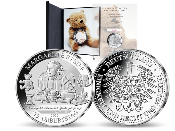 Die neue exklusive Gedenkprägung „175. Geburtstag Margarete Steiff“ aus 3 Unzen massivem Sterling-Silber (925/1000)!