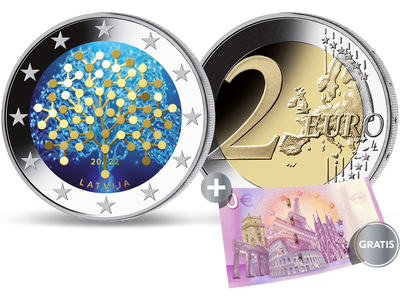 2-Euro-Münze Lettland "100. Gründungstag der Nationalbank" 2022 mit Farbveredelung