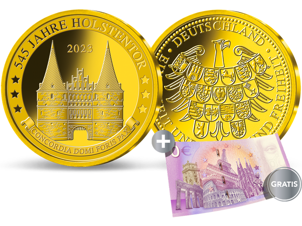 Die Krönung der Sammlung „Höhepunkte des Jahres“: die Gold-Gedenkprägung „545 Jahren Holstentor 2023“!