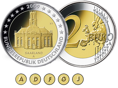 5 x 2-Euro-Gedenkmünze „Saarland - Ludwigskirche“ mit allen fünf Prägezeichen (A, D, F, G und J) in bankfrischer Sammler-Qualität (bfr)