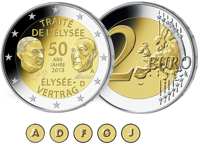  „50 Jahre Élysée-Vertrag“ - Alle fünf Prägezeichen (A, D, F, G und J) in bankfrischer Sammler-Qualität