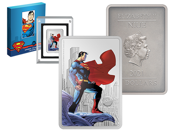 Die offizielle 1-Unzen-Silber-Barrenmünze „SUPERMAN™ – The Man of Steel“ mit Farbveredelung