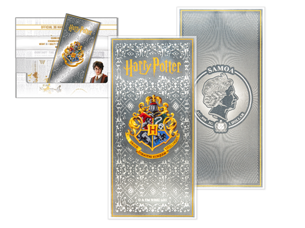 Die brandneue offizielle HARRY-POTTER™-Münznote aus 3 Gramm Feinsilber mit brillantem Farbdruck zu Ehren des Hogwarts™-Schulwappens