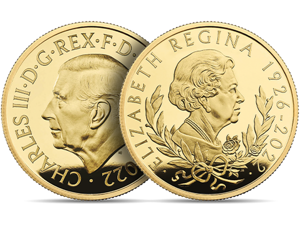 5-Unzen-Gold-Gedenkmünze zu Ehren Queen Elizabeth II. mit erstem Münzporträt von King Charles III.