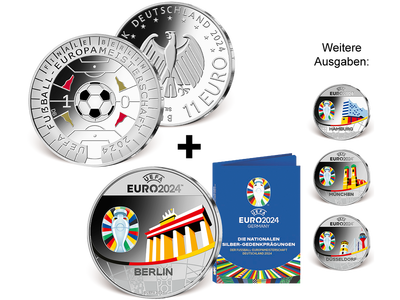 Die 11-Euro-Münze + die nationalen Silberprägungen zur Fußball-EM 2024