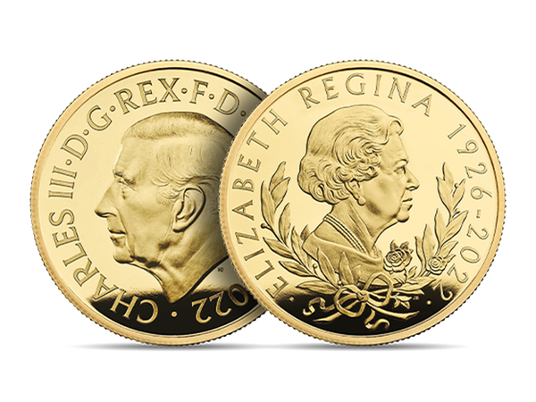 1-Unzen-Gold-Gedenkmünze zu Ehren Queen Elizabeth II. mit erstem Münzporträt von King Charles III.