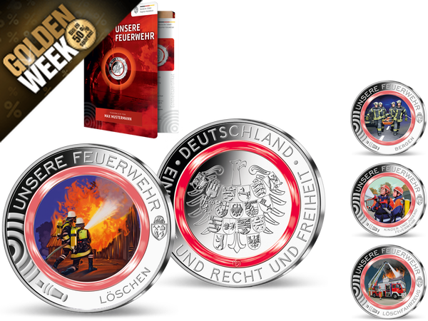 Ihr Start in die Edition „Unsere Feuerwehr“: die Silber-Polymer-Gedenkprägung „Löschen“ mit rotem Original-Polymerring und fotorealistischem Digital-Farbdruck!