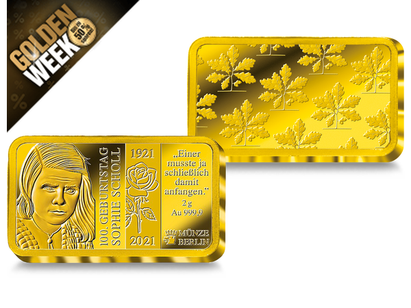 Der 2g-Goldbarren der Haupt-Gold-Jahresausgabe „100. Geburtstag Sophie Scholl“ 2021 aus der Münze Berlin 