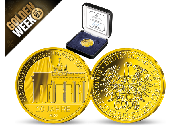 Die Jubiläumsprägung „20 Jahre Restaurierung Brandenburger Tor“ aus massivem Gold (585/1000)