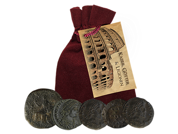 Das Set beinhaltet fünf echte römische Münzen in einem Samtbeutel.