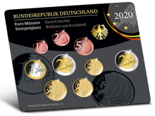 Der offizielle deutsche Kursmünzensatz 2020 (ADFGJ) in Stempelglanz im repräsentativen Album
