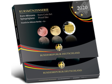 Der offizielle deutsche Kursmünzen-Satz 2020 (ADFGJ) in Polierte Platte in der Präsentationsverpackung des Bundesministeriums der Finanzen
