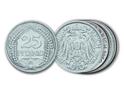 4er-Prägejahre-Komplettset Deutsches Reich 25 Pfennig 1909-1912 Prz. A