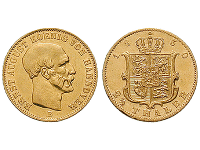 Ernst August im neuen Design − Hannover, 2 1/2 Taler Gold 1850