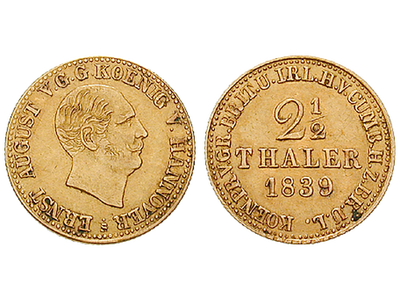 König von Hannover ohne England − Ernst August 2 1/2 Taler Gold 1839-43