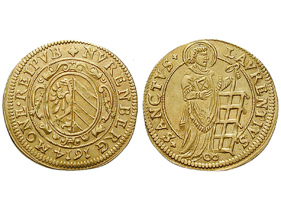 Laurentius, Stadtpatron von Nürnberg − Nürnberg, Goldgulden 1614-1618