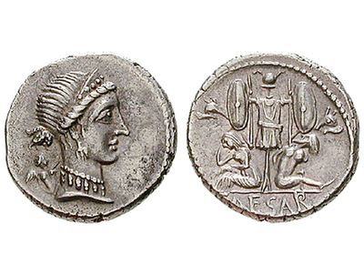 Caesars Triumph über Gallien − Römische Republik, Denar 46 v.Chr.
