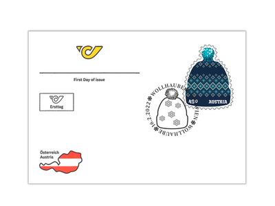 Die Wollmützen-Briefmarke aus Österreich auf Ersttagsbrief