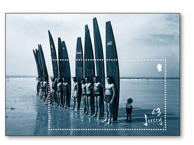 Postfrischer Briefmarkenblock aus Jersey erinnert an die Anfänge des Wellenreitens