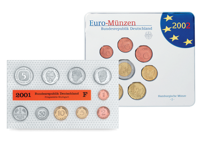 Der letzte DM-Kursmünzensatz 2001 und der erste Euro-Kursmünzensatz 2002