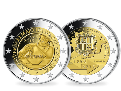 Die 2-Euro-Gedenkmünzen "30 Jahre Volljährigkeit für 18-jährige" und "25 Jahre Zollunion mit der EU"  - Andorra 2015