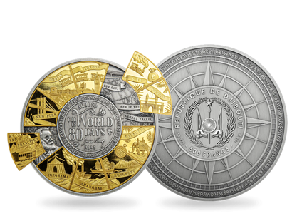 Monnaie-puzzle en argent pur & dorure en or pur «Le tour du monde en 80 jours» 2023