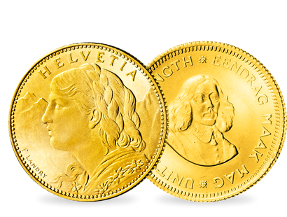 Zwei Gold-Weltwährungen im Set − 10 Franken Vreneli 1 Rand Ohm Krüger